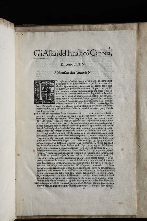 Finale Ligure- Repubblica di Genova Raccolta di quattro opere a stampa del secolo XVII concernenti la materia della controversia tra Genova e il finalese.