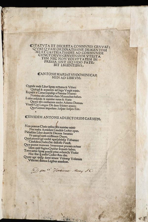 Genova - Prima edizione a stampa degli Statuti Statuta et Decreta Communis Genuae: quae quam ordinatissime  [..]