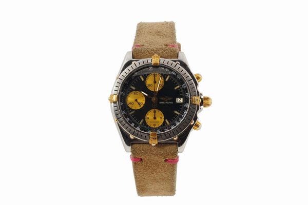 BREITLING, Officially Certified Chronometer, Automatic, STEEL & GOLD CHRONOMAT. Fine, self-winding, water-resistant, stainless steel and 18K yellow gold chronometer wristwatch with date, round button chronograph, registers and tachometer. Made circa 1990