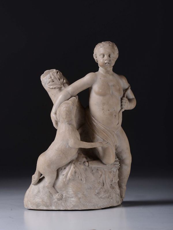 A marble sculpture with Cupid and a dog, 16th century renaissance artist