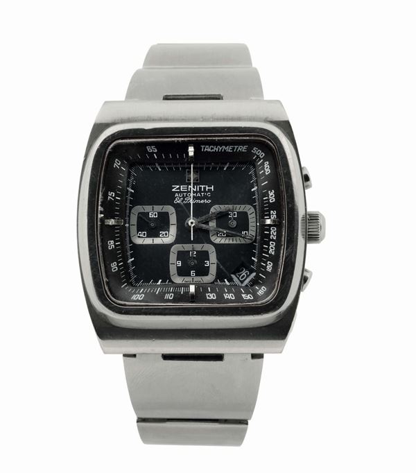 ZENITH Automatic, El Primero, TV-SCREEN, water resistant, self-winding, stainless steel wristwatch with date and an original steel bracelet with deployant clasp. Made circa 1970