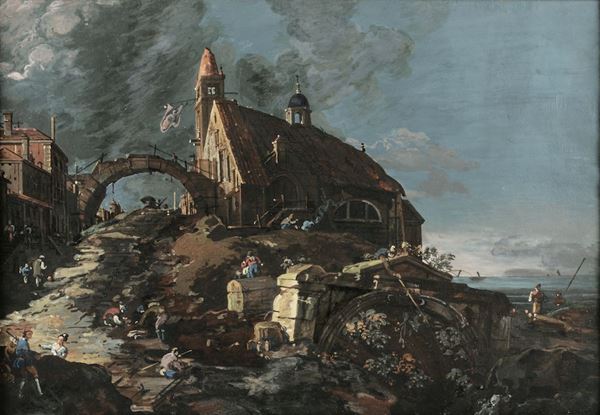 Giovanni Antonio Canal, detto il Canaletto (Venezia 1697 – 1768) Capriccio con una cappella sulla riva  [..]
