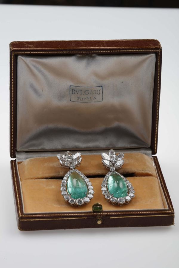 Bulgari: pendant earrings with large, natural 17.04 carat Columbian emeralds and round and navette cut  [..]