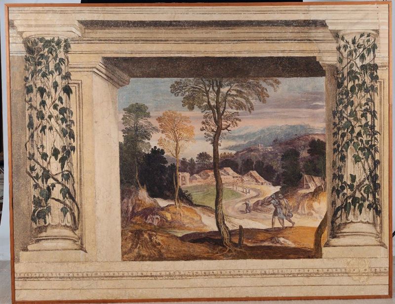 Girolamo Muziano : Paesaggio nei pressi del Castello di Rocca Sinibalda  - affresco riportato su tela - Asta Dipinti Antichi - I - Cambi Casa d'Aste