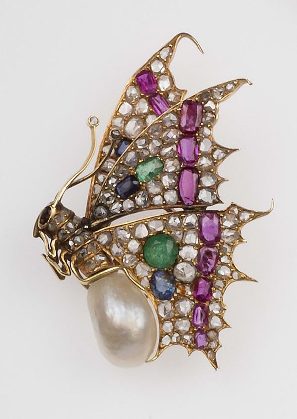 Spilla Farfalla con perla e piccoli rubini, zaffiri, smeraldi e diamanti