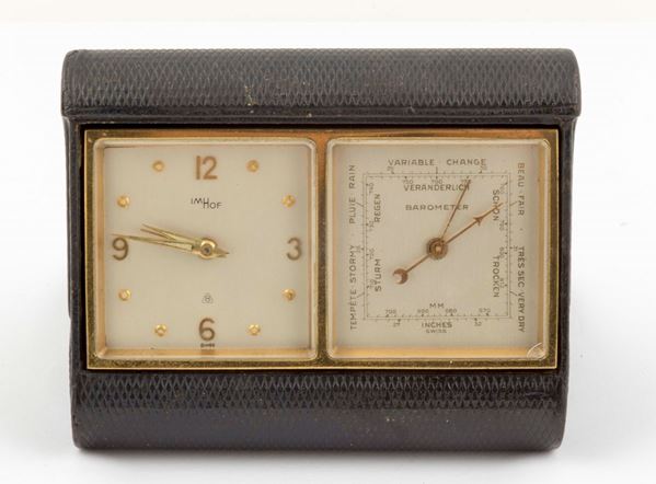 IMHOF, orologio da tavolo, in ottone dorato, con riserva di carica di 8 giorni, funzione di sveglia e barometro. Realizzato nel 1960 circa
