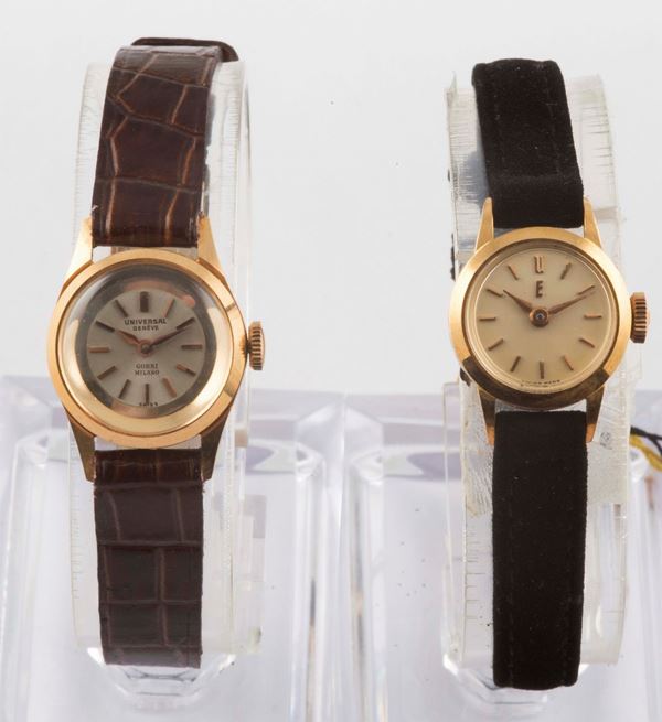 Coppia di orologi, Universal Geneve e Eberhard, da donna, in oro giallo 18K, a carica manuale. Realizzati  [..]