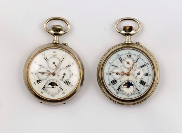 Coppia di orologi da tasca in argento con fasi lunari. Realizzati nel 1800 circa