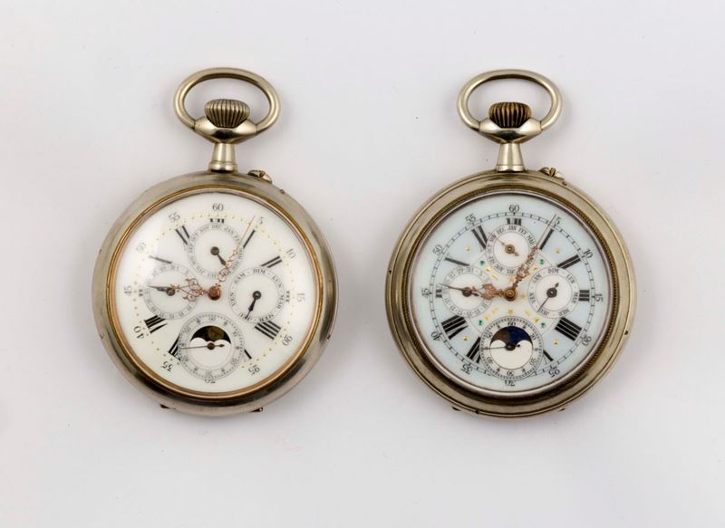 Coppia di orologi da tasca in argento con fasi lunari. Realizzati nel 1800 circa  - Asta Orologi da Polso e da Tasca - Cambi Casa d'Aste