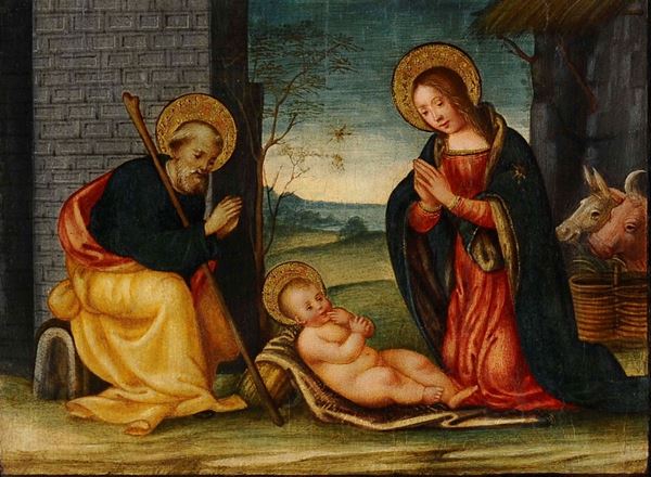 Raffaello Botticini (Firenze 1477 - 1525), attribuito a L'Adorazione del Bambino