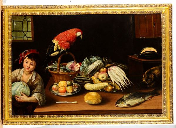 Pieter Van Boucle (Parigi 1610-1673) Interno di cucina con garzone e pappagallo