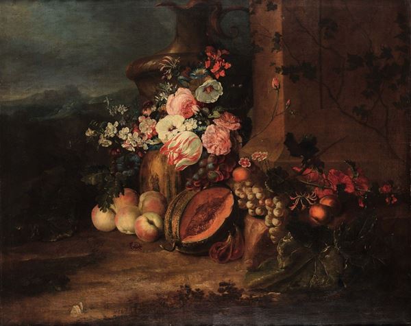 Scuola Italiana XVII secolo Natura morta con fiori e frutta