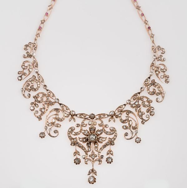 Rose-cut diamond and ruby necklace