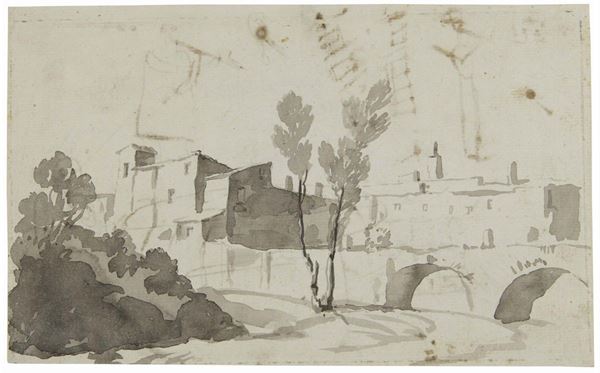 Louis Gauffier (Poitiers 1762 - Firenze 1801), attribuito a Paesaggio con ponte