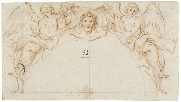 Scuola italiana del XVIII secolo Angeli che reggono il velo con immagini di Cristo