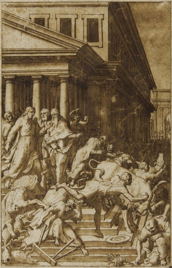 Bartolomeo Passerotti (1529-1592) attribuito a Cristo scaccia i mercanti dal tempio