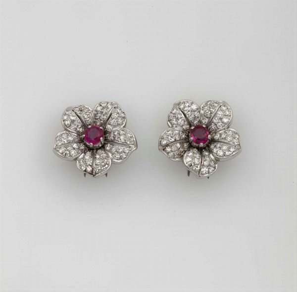 Pair of ruby and diamond clips