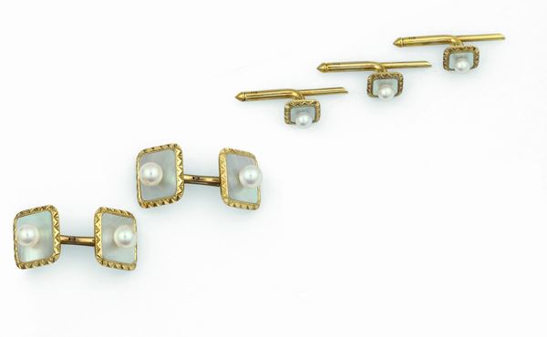 Mikimoto Pearls, set di bottoni da polso e da sparato con madreperla e perle