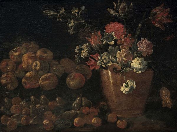 Scuola italiana del XVII secolo Natura morta con uva, pere e pesche  Natura morta con vaso di fiori e frutta