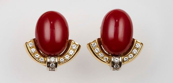 Pair of coral and diamond earrings