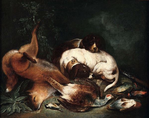Scuola fiamminga del XVIII secolo Cani con cacciagione