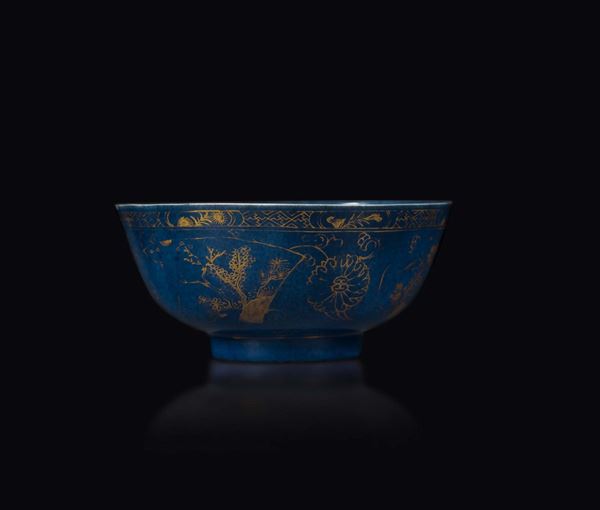 Coppetta in porcellana blu e oro, Cina dinastia Qing, XVIII secolo