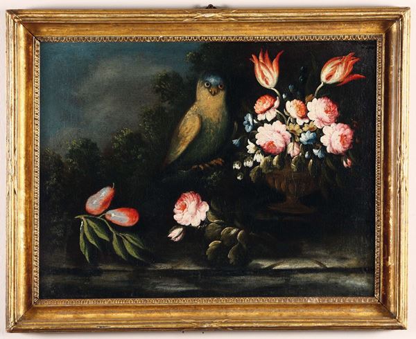 Scuola italiana del XVIII secolo Natura morta con fiori e pappagallo