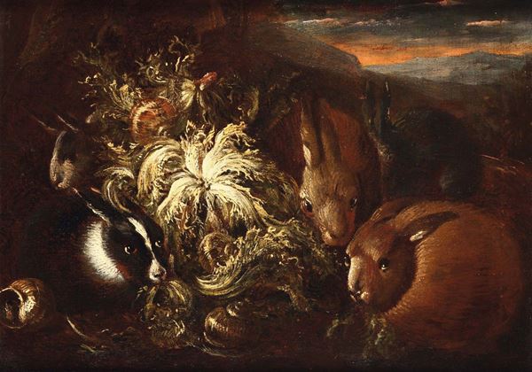 Felice Boselli (Piacenza 1650 - Parma 1732), attribuito a Natura morta con conigli