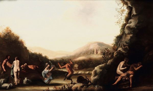 Scuola del XVII secolo Paesaggio con ninfe e satiri