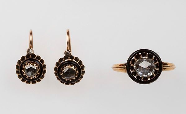 Demi-parure composta da anello ed orecchini con smalto nero e rose di diamanti