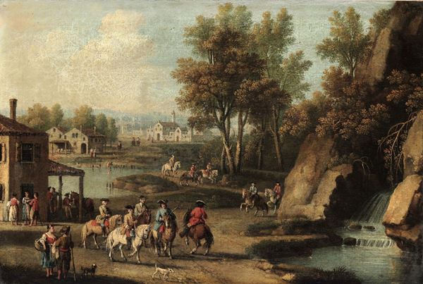 Giovan Battista Cimaroli (1687-1753) Paesaggi con figure e cavalieri