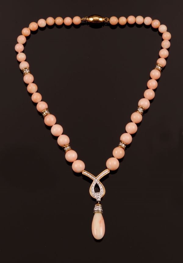 Coral beads and diamond necklace