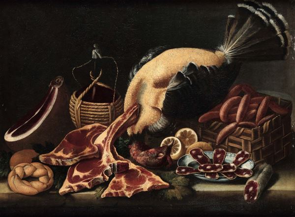 Scuola emiliana del XVIII secolo Natura morta con cacciagione e carne
