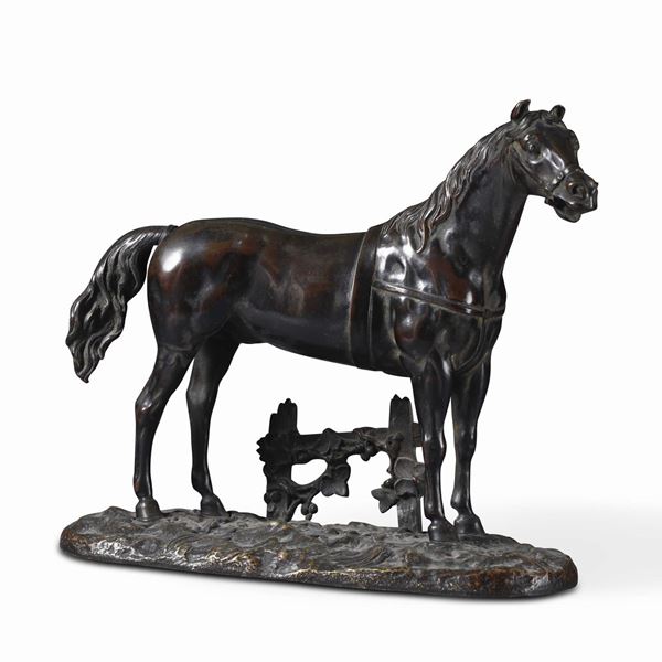 Anonimo austriaco del XIX secolo Cavallo con finimenti accanto ad una siepe