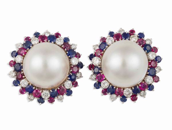 Pair of pearl, diamond, sapphire and ruby earrings