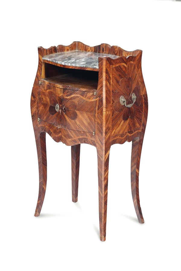 A nightstand, veneered and inlaid with a four-leaf clover decor, Genoa half of the 18th century