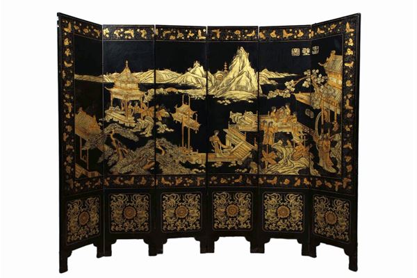 Paravento a sei ante in legno laccato con iscrizione raffigurante Guanyin e paesaggio lacustre, Cina,  [..]
