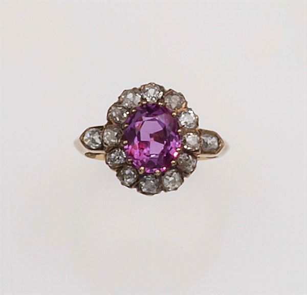 Pink corundum and old-cut diamond cluster ring