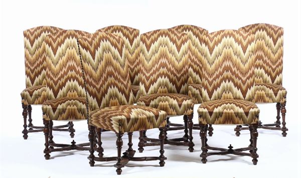 Otto sedie a rocchetto in noce, XIX secolo