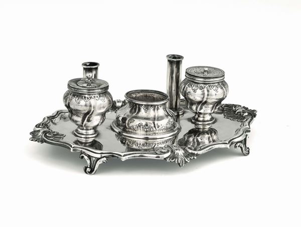 An inkwell in molten, embossed and chiselled silver, Genoa, Torretta mark for the year 1785.
