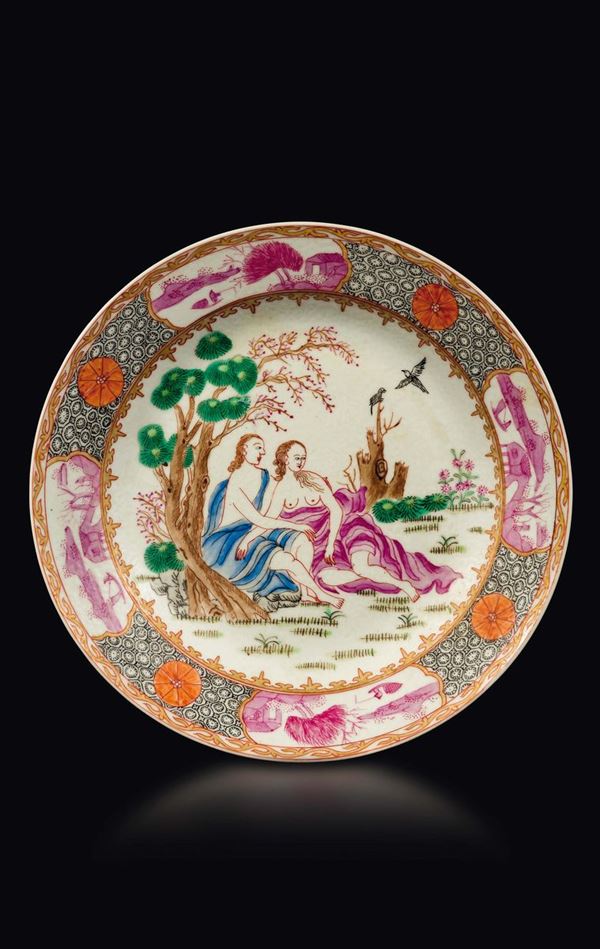 Piatto in porcellana a smalti policromi a soggetto europeo, Cina, Dinastia Qing, XVIII secolo
