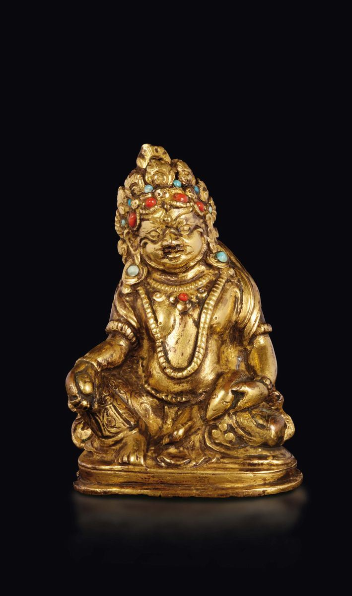 Figura di Sita-Jambala in bronzo dorato con innesti in turchese e corallo, Tibet, XVI secolo  - Asta The Art of Himalayan and Chinese Bronze - II - Cambi Casa d'Aste
