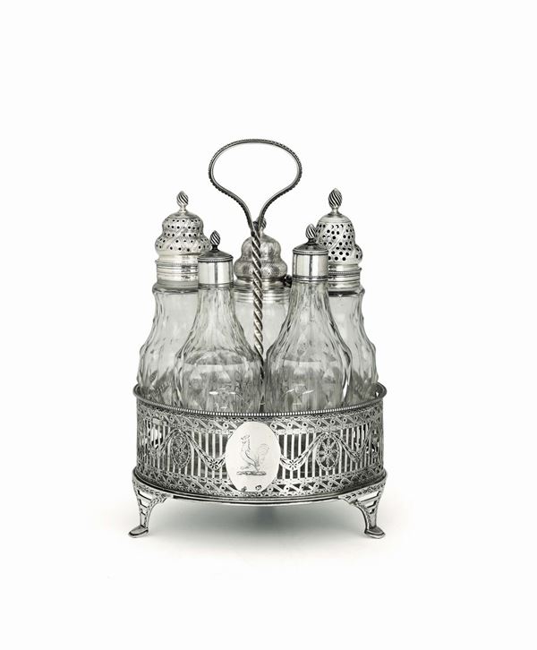 A cruet in sterling silver, molten, embossed, perforated and chiselled. London 1781, silversmiths Charles Aldridge & Henry Green