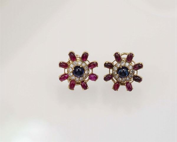 Pair of ruby, sapphire and diamond earrings