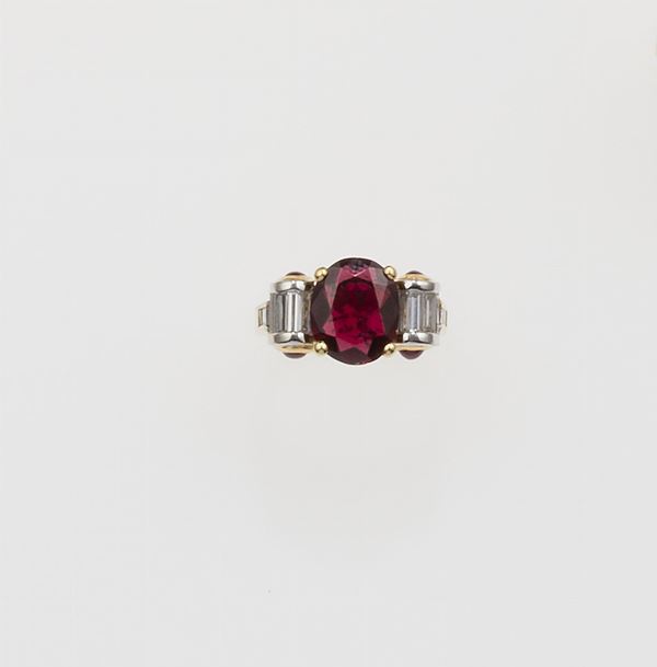Anello con rubino Africa di ct 2,90 circa e diamanti taglio baguette e carré