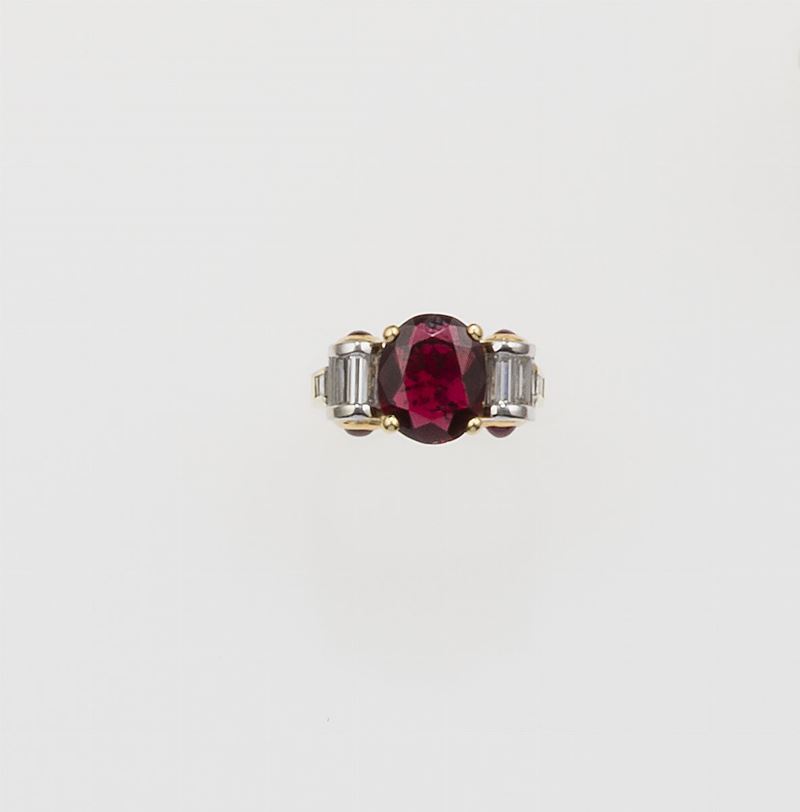 Anello con rubino Africa di ct 2,90 circa e diamanti taglio baguette e carré  - Asta Vintage, Gioielli e Orologi - Cambi Casa d'Aste