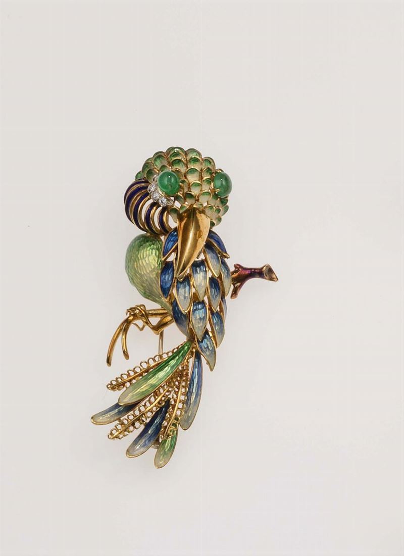 Enamel, diamond and emerald brooch. Lunati  - Auction Fine Jewels - Cambi Casa d'Aste