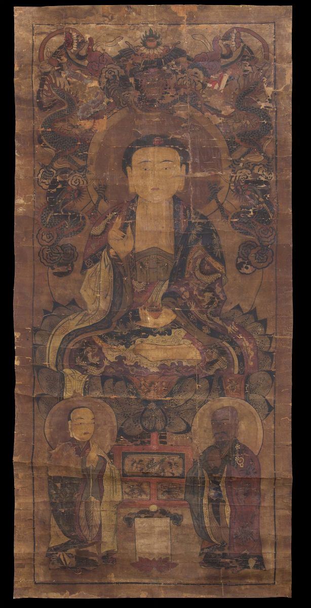 Dipinto su carta raffigurante Buddha centrale, Tibet, XVIII secolo  - Asta Arte Orientale - Cambi Casa d'Aste