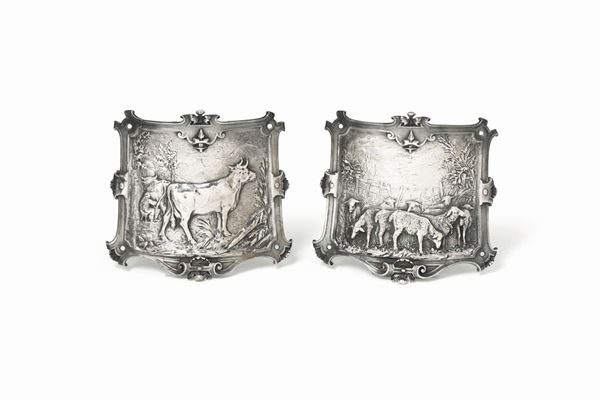 Two silver plaques with bucolic scenes, France 20th century