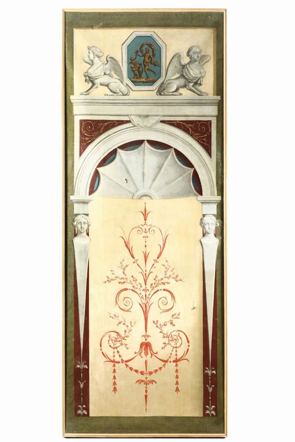 A boiserie composed of seven panels on canvas painted with Neoclassical taste decors, Italy, 18th-19th century